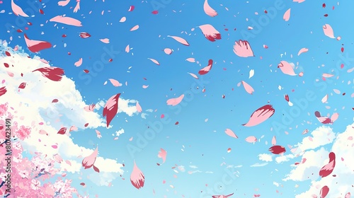 青空と桜の花びらが舞い散るイラスト、さくら 桜がふわりと散る