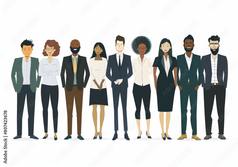 An illustration of diverse business people standing together in the style of clip art with a white background.