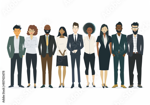 An illustration of diverse business people standing together in the style of clip art with a white background.