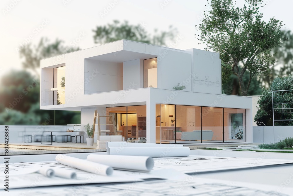 3D rendering of a modern house plan with blueprints and a white ...