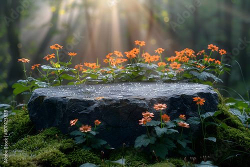 Stone podium at magic forest, plants, green moss, herbs, dew - 3D mockup background beauty product presentation concept. Copy space platform for Cosmetics, perfume fashion sales advertising stand.