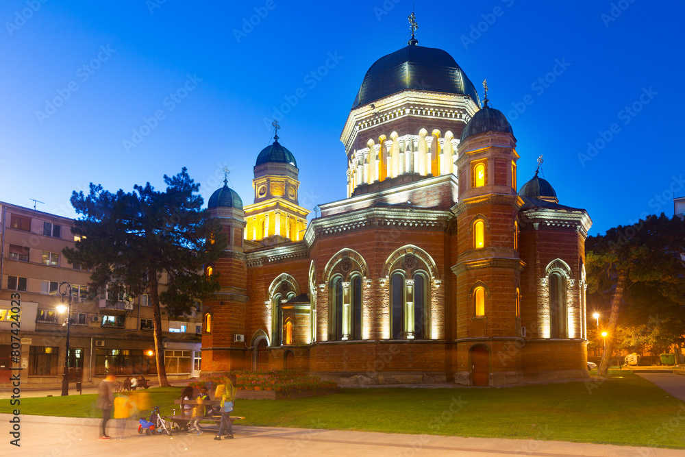 Illuminated Saint Elias Church in romanian town Craiova in evening