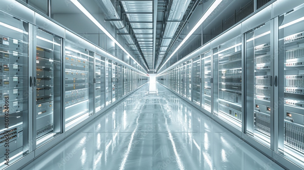 Fototapeta premium 3D rendering of a modern server room with white walls and glass fronted cabinets containing high-performance computer workframes, white floor, white ceiling, bright lighting.