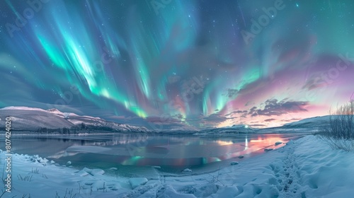 The Aurora Borealis Lights up the Sky Over a Body of Water and Snow Covered Ground - Generative AI