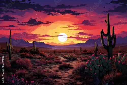 Vibrant sunset over desert landscape with cacti