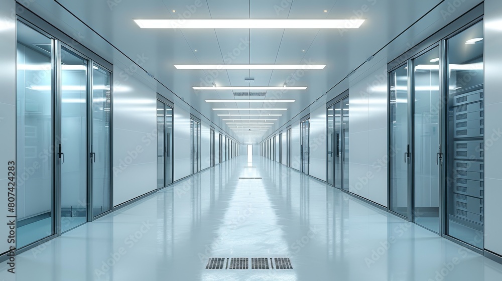 3D rendering of a modern server room with white walls and glass fronted cabinets containing high-performance computer workframes, white floor, white ceiling, bright lighting. 3D rendering of a modern server room with white walls and glass fronted cabinets containing high-performance computer workframes, white floor, white ceiling, bright lighting.