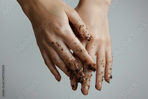 Two hands covered in dirt and sand. The hands are clasped together, and the dirt is spread out over the entire surface of the hands. Concept of dirtiness and grime