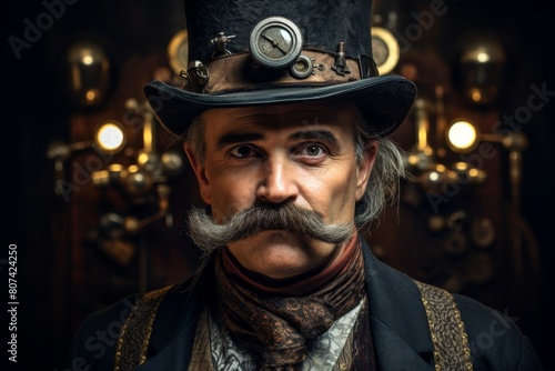 Steampunk portrait of a rugged man with a mustache and goggles
