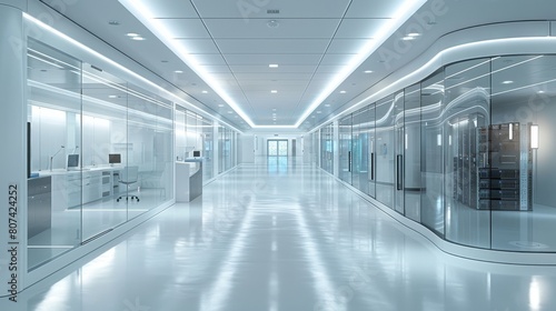 3D rendering of a modern server room with white walls and glass fronted cabinets containing high-performance computer workframes, white floor, white ceiling, bright lighting.