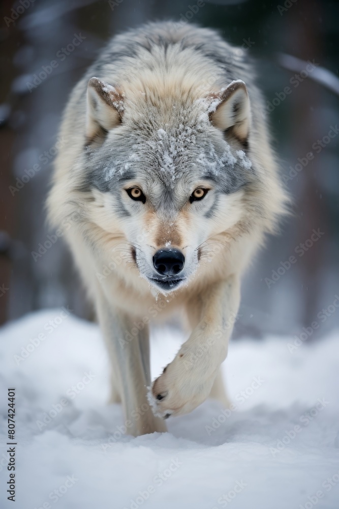 Captivating close-up of a majestic gray wolf in the snowy wilderness Captivating close-up of a majestic gray wolf in the snowy wilderness