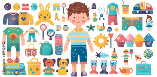 Big set of toys for a boy, vector illustration on a white background with elements and accessories to create the character of a paper doll or for a children's game