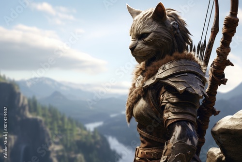 Armored fantasy cat warrior with bow and arrow overlooking a mountain landscape