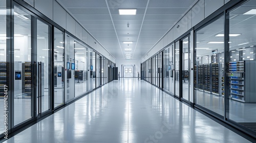 3D rendering of a modern server room with white walls and glass fronted cabinets containing high-performance computer workframes, white floor, white ceiling, bright lighting.