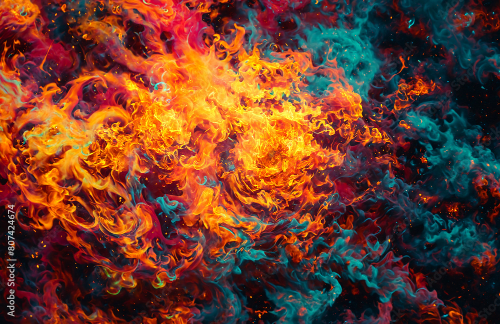 A colorful fire with blue and green flames
