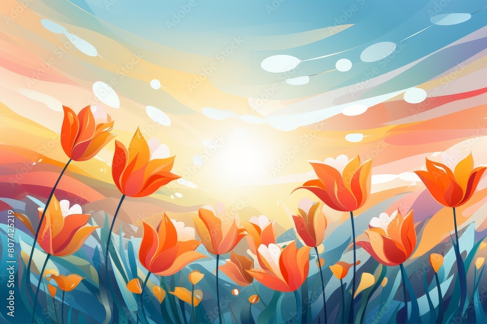 Fototapeta premium Vibrant tulip field at sunset