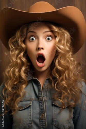 Surprised young woman with curly blonde hair wearing denim jacket