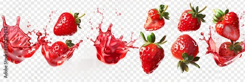  Capture the vibrant essence of summer with a set of strawberry juice splash isolated on a transparent background, each droplet frozen in mid-air, bursting with flavor and freshness. 