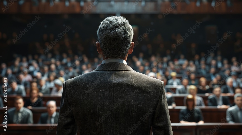 Politician facing the audience, captured from behind on election day. Vote, US presidential election campaign concept Politician facing the audience, captured from behind on election day. Vote, US presidential election campaign concept