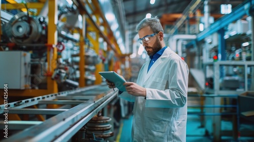 Portrait of a businessman using a digital tablet in the production line of a factory