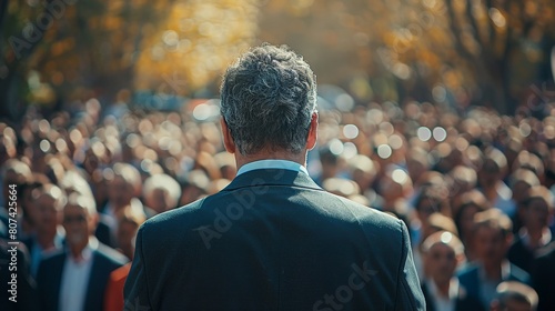 Election day fervor captured: politician turns away from the camera, engaging directly with the crowd, in high resolution photo