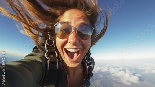 Exhilarated skydiver taking a selfie mid-air