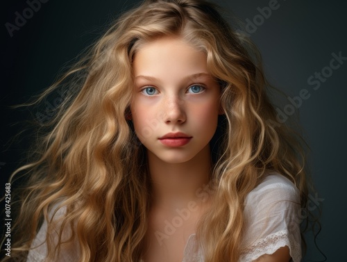 Captivating portrait of a young woman with flowing blonde hair