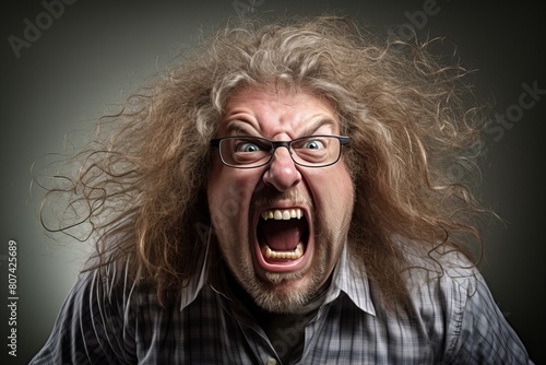 Angry man with wild hair and glasses shouting