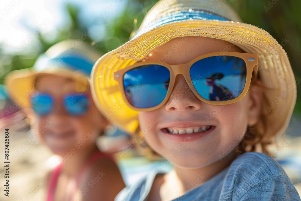 Stay Safe in the Sun. Child wearing sunglasses and a summer hat Stay Safe in the Sun. Child wearing sunglasses and a summer hat