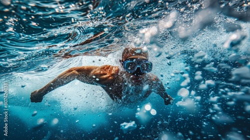 A man is swimming underwater in the ocean, surrounded by aquatic life and vibrant coral reefs.