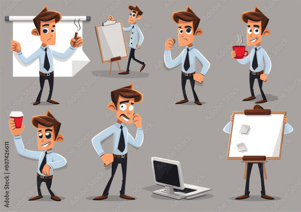 cartoon character sheet of an office worker in different poses and expressions, holding a red coffee cup in his left hand, wearing a blue shirt