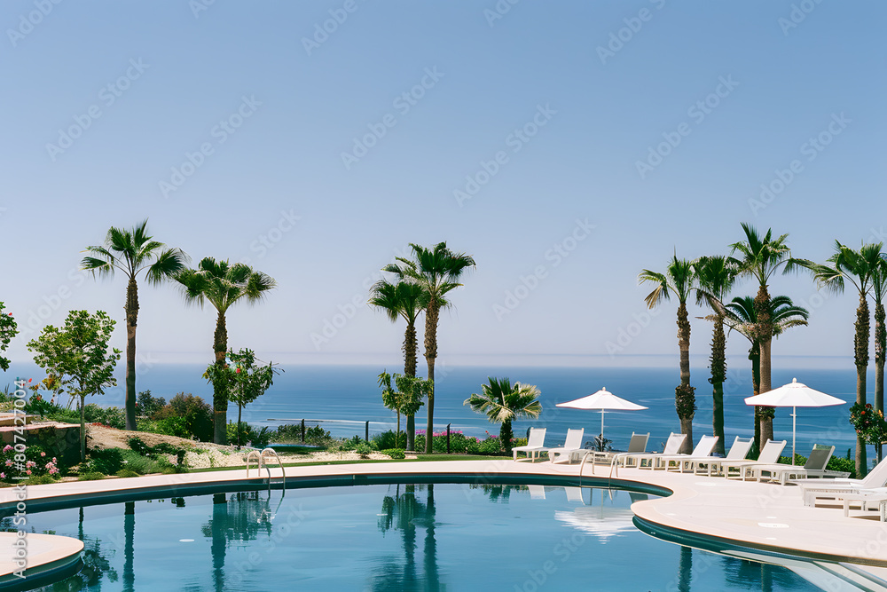 Naklejka premium Swimming pool and sun loungers at stylish tropical spa hotel, summertime banner mockup. Summer travel sales and vacation concept.