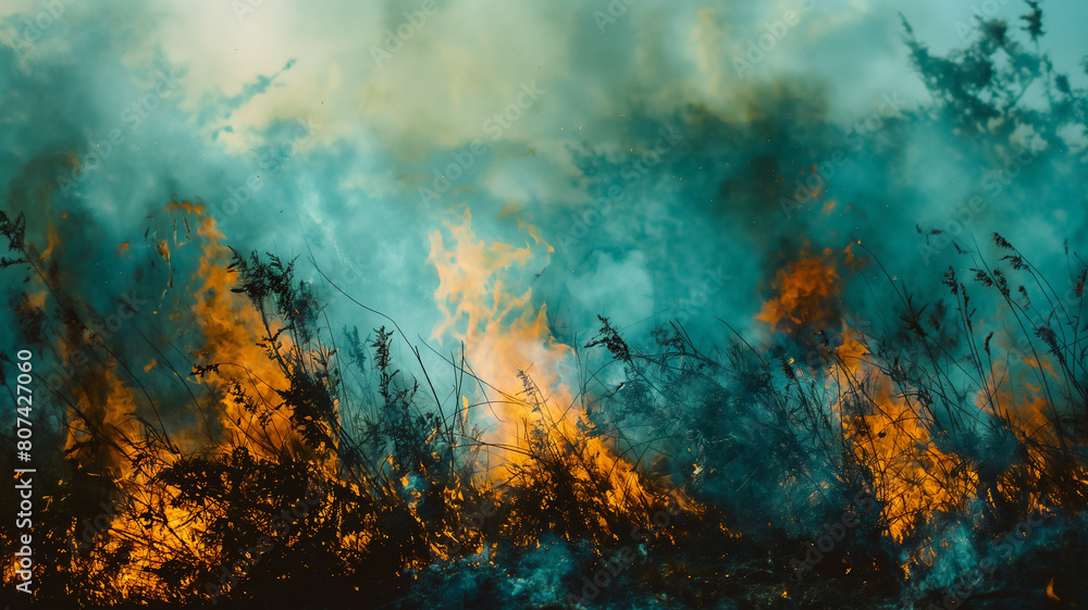 Wildfire consuming a forest under a dramatic sky, capturing the fierce interplay of flame and smoke in a natural setting.