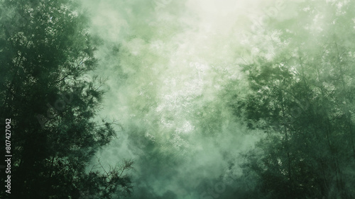 Misty forest with sunlight filtering through green  shadowy trees  creating an ethereal  mysterious atmosphere.