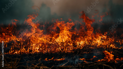 Intense wildfire burning through dry grass  illustrating the destructive power of fire with fierce flames and smoke.