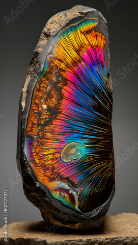 Iridescent mineral slice displaying vibrant rainbow colors and intricate patterns, set against a neutral background.