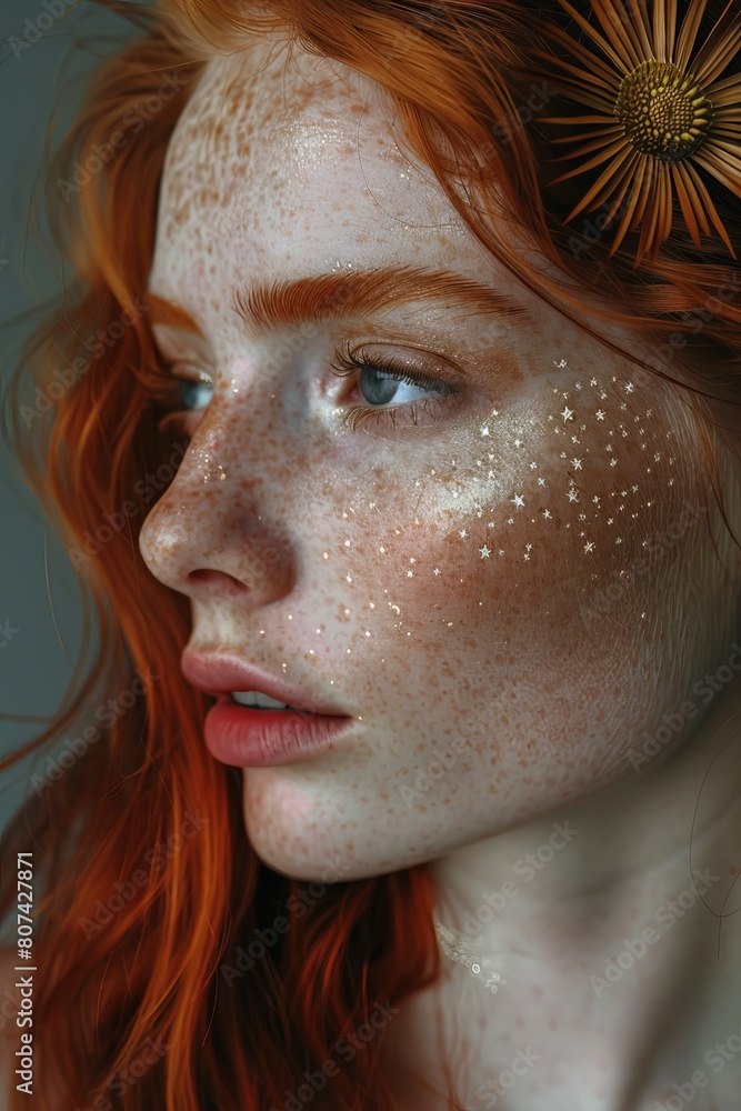 Portrait of girl with red hair in autumn atmosphere, brown and yellow flowers and leaf in hair