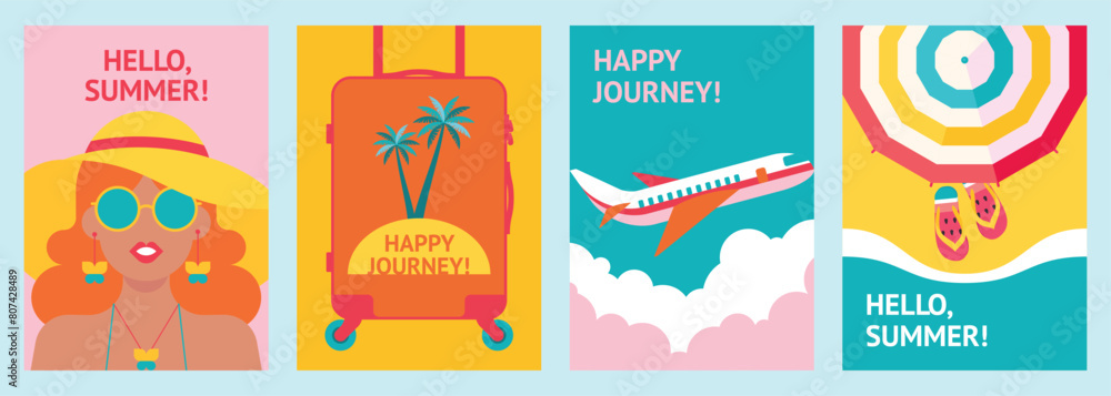 Fototapeta premium Set of summer traveling backgrounds with a beautiful tanned girl, mobile suitcase, flying airplane and beach. Minimalistic flat poster with journey and vacation symbols. Flyer, banner, invitation.