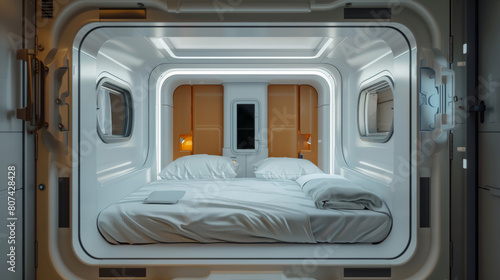 this capsule hotel room boasts a futuristic design, space-efficient furniture, and a digital control panel, embodying a modern interior concept
