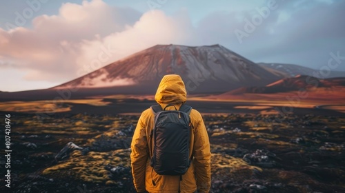 rear view of Young man in yellow jacket meets beautiful sunrise above volcanic crater, aesthetic look photo