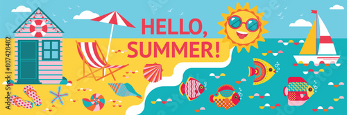 Abstract summer background with smiling sun, beach, seashells, sun lounger, umbrella,yacht and fishes. Vacation, recreation and travelling backdrop. Maritime landscape with beach elements