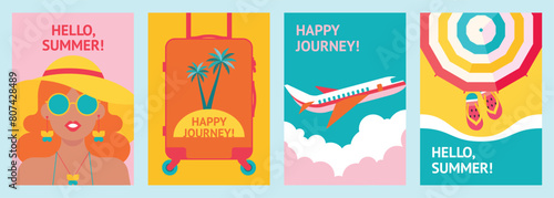 Set of summer traveling backgrounds with a beautiful tanned girl, mobile suitcase, flying airplane and beach. Minimalistic flat poster with journey and vacation symbols. Flyer, banner, invitation.