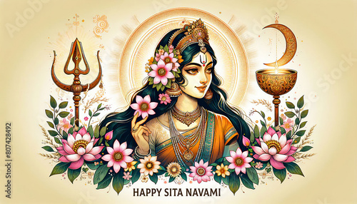 Illustration of the goddess Sita in celebration of the Sita Navami Hindu festival. Sita Navami with the symbol of a plow which represents the birth of Sita. Sita's birth celebration poster photo