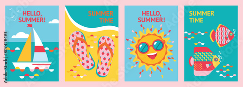 Set of summer, beach and sea backgrounds with sailing yacht, flip flop, smiling sun and floating fishes. Seascape maritime abstract backdrops. Travelling, recreation, vacation. Poster, banner, flyer