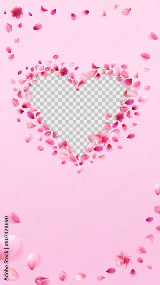 Pink sakura heart valentines day story template. Rose petals png frame isolated on pink background.