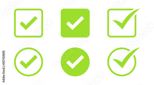 check mark icon button set. check box icon with right or correct buttons and yes checkmark icons in green tick box - checkbox symbol sign. check mark box square frame. vector illustration photo