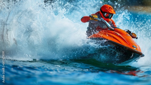 A person riding a jet ski at high speed on the water, creating splashes and waves as they maneuver through the ocean.