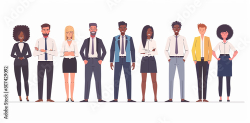 diverse business people standing in a row with a vector illustration on a white background, detailed character designs 