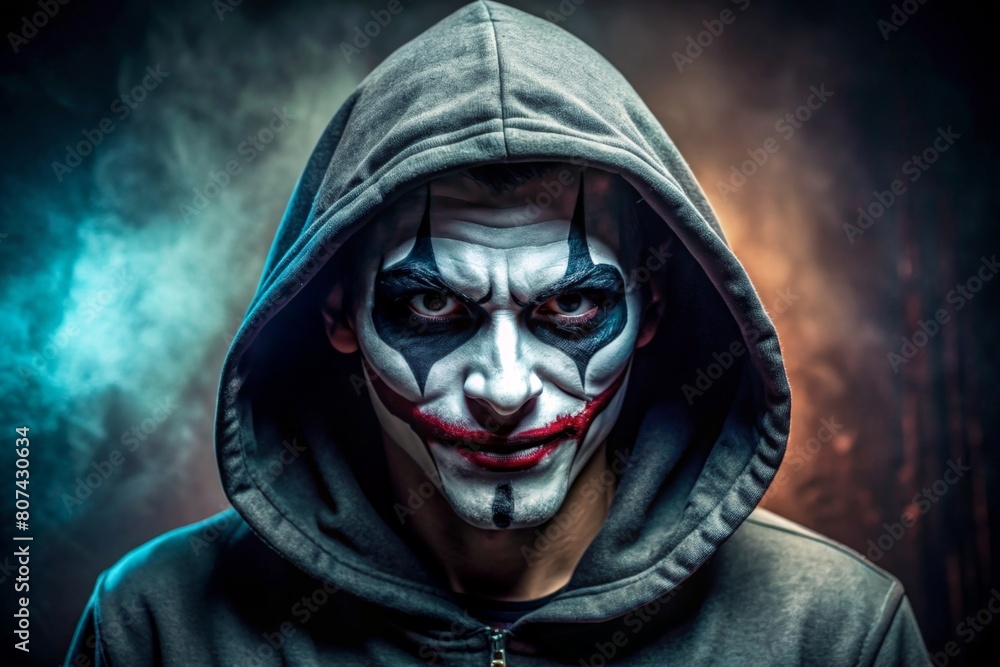 portrait of a person in a hood. portrait of dangerous hooded hacker in joker mask portrait of a person in a hood. portrait of dangerous hooded hacker in joker mask