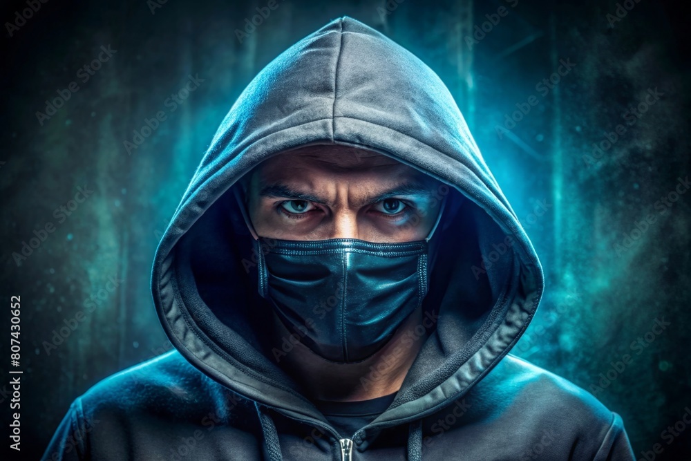 portrait of dangerous hooded hacker in joker mask. portrait of dangerous hooded hacker in joker mask.