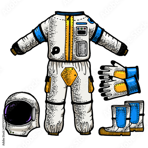 Astronaut Spacesuit sketch engraving PNG illustration. T-shirt apparel print design. Scratch board style imitation. Black and white hand drawn image. photo